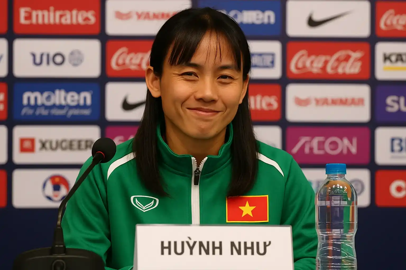 Huỳnh Như bất ngờ khen các đội Đông Nam Á đá hay ghê! 1 Huỳnh Như trong buổi họp báo, nở nụ cười đầy ẩn ý